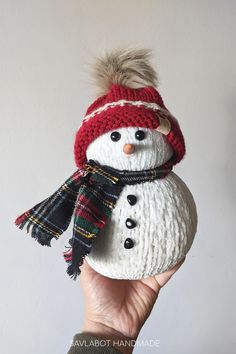 a hand holding up a snowman ornament with a red hat and scarf