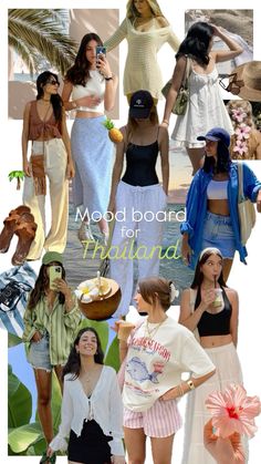 several pictures of women in different outfits and the words mood board for hawaii on them