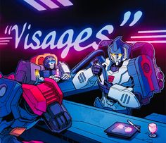 an animated image of two robots standing in front of a sign that says vintages