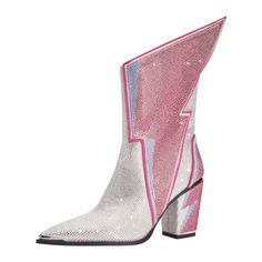 Irregular Jeweled Chunky Heel Dance Boots Rhinestone Knee High Boots | Up2Step Trendy Pink Heeled Boots For Party, Embellished Pink High Heel Boots, Pink Party Ankle Heeled Boots, Pink Embellished High Heel Boots, Pink Party Ankle Boots, Pink Ankle Heeled Boots For Party, Glamorous Spring Boots With Rhinestones, Glamorous Rhinestone Boots For Spring, Pink Ankle Boots For Summer