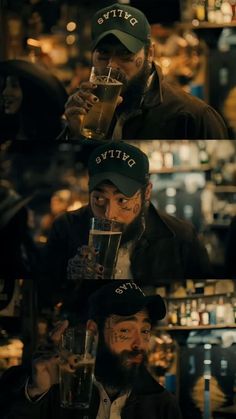 three men with hats and beards drinking beer in front of a wall full of bottles