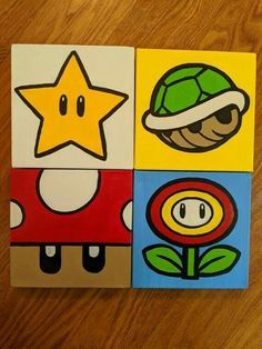 four square paintings with different pictures of mario and luigi on them, all painted in different colors