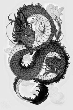 a black and white drawing of a dragon in the air with its tail curled up