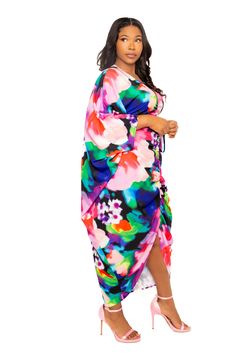 DETAILS & CARE Bold floral print kaftan dress with adjustable waist ties inside the garment to create a flattering cinch waist look. The ruched detailing and high-low draped design add a touch of elegance. 95% Polyester, 5% Spandex Hand wash cold. Do not bleach Imported SIZE INFO Our model is 5'9" · Wearing 1X Multicolor Draped Dress For Spring, Multicolor Draped Spring Dress, Spring Multicolor Draped Dress, Spring Ruched Beachwear Maxi Dress, Multicolor Drawstring Dress For Vacation, Spring Ruched Dress As Beach Cover-up, Spring Ruched Beach Cover-up Dress, Draped Maxi Dress For Vacation In Spring, Morning Dress