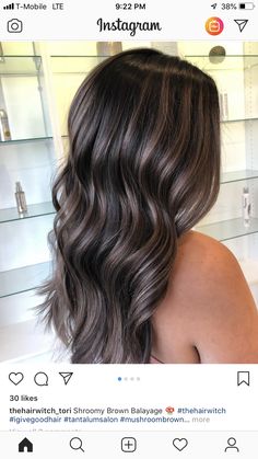 Smokey Highlights Dark Hair, Dark Hair Balayage Ashy, Dark Brown Bayalage Hair Ash, Dark Hair With Mushroom Highlights, Black And Ash Brown Hair, Cool Brown Highlights On Black Hair, Brunette With Ash Highlights, Cute Dark Hair Colors, Dark Brown Hair With Ashy Lowlights