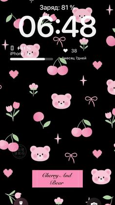 an iphone screen with pink flowers and bears on it