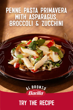 broccoli and zucchini pasta on a plate with the words, try the recipe