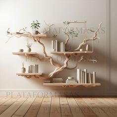 a book shelf with books and plants on it in a room that is painted white