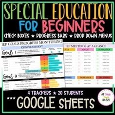 a poster with the words special education for beginners and google sheets