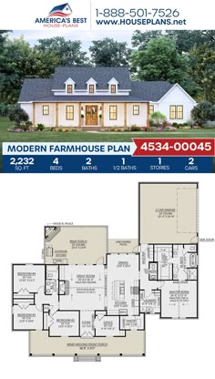 the floor plan for this modern farmhouse house is shown in two different colors and sizes