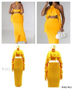 KatyKey – Elegant Halter Ruffle Hem Backless Top and Skirt Ensemble – KatyKey Two-piece Skirt For Spring Party, Spring Two-piece Party Skirt, Yellow Evening Skirt For Spring, Spring Party Two-piece Skirt, Yellow Skirt For Summer Evening, Yellow Evening Skirt For Summer, Chic Yellow Evening Skirt, Two-piece Skirt For Date Night In Spring, Chic Two-piece Skirt For Date Night In Spring