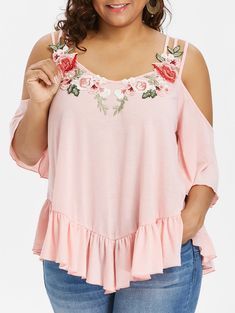 Plus Size Flare Sleeve Embroidery T-shirt - Light Pink - 3381590612 - Original Design-Women's Clothing  #OriginalDesignWomensClothing #Original #DesignWomen's #Clothing Clothes For Women In 20's, Fall Outfits Women 20s, Rosegal Plus Size, Designer Plus Size Clothing, Plus Size Tips, Embroidery T Shirt, Sleeve Embroidery, Trendy Plus Size Clothing, Dress Shirts For Women