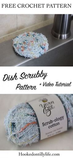 two pictures with the words dish scrubby and video ritual on them, next to an image of a spool of yarn