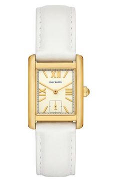 A mix of Roman numeral and stick indixes marks the rectangular dial of this elegant watch set on a rich leather strap. 25mm x 34mm case; 18mm band width Buckle closure Quartz movement Mineral crystal face Stainless steel with goldtone plate/leather Imported Classic Square Watches With Diamond Hour Markers, Classic Rectangular Watch With Leather Strap, Classic Watch Accessories With Leather Strap And Rectangular Dial, Classic Watches With Gold-tone Hardware And Rectangular Dial, Classic Leather Watch With Rectangular Dial, White Leather Watch Accessories With Metal Dial, Classic Rectangular Watch Accessories, Formal Gold-tone Watch With Rectangular Dial, Classic White Leather Watch Accessories