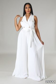 Wide leg pleated jumpsuit with waist belt deep front and keyhole opening back sleeveless front button down detailing with waist sash belt. Lined bottom pants. No stretch Jump Suites Outfit Black Women, Palazzo Jumpsuit Outfit Classy, Jumpsuits For Women Classy Casual, Classy Jumpsuit Outfits Chic, Jumpsuit Elegant Chic Classy, Classy White Outfits, How To Style Wide Leg Pants, All White Outfit Classy, Formal Jumpsuits For Women Classy