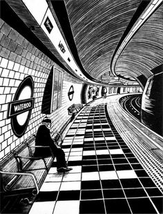 a black and white drawing of a man sitting on a bench in a subway station