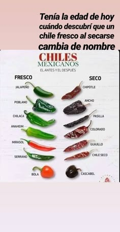 an advertisement for chile's chilis is shown in spanish and has different types of peppers