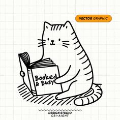 a black and white drawing of a cat reading a book