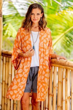 Balinese Rayon Print Robe in Ivory and Orange - Windy Beach in Orange | NOVICA Indonesian Dress, Soft Orange, Batik Design, Fern Leaf, Printed Robe, Beautiful Kimonos, Orange Orange, First Daughter, Ethnic Patterns