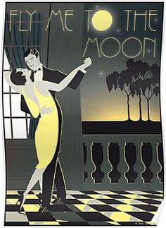 a man and woman dancing on a checkered floor with the moon in the background