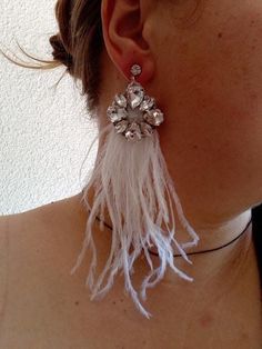 White wedding earrings, ostrich white earrings, wedding accessories, fluffy earrings, beaded wedding earrings, white prom earrings by MarineAccessories on Etsy Beaded Wedding Earrings, Fluffy Earrings, White Prom, Prom Earrings, Turkey Feathers, Beaded Wedding, Earrings Beaded, Ostrich Feathers, Earrings White