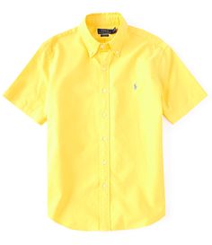 From Polo Ralph Lauren&#x2C; this top features: garment-dyed oxfordbuttondown point collarshort sleevesbutton-front closuresignature embroidered Pony at the left chestsplit back yoke with a box pleat ensures a comfortable fit and a greater range of motioncottonmachine wash; tumble dryImported. Spring Cotton Polo Collar Shirt, Solid Short Sleeve Shirt For Spring, Yellow Polo Collar Shirt For Summer, Fitted Plain Cotton Short Sleeve Shirt, Fitted Short Sleeve Cotton Shirt, Classic Cotton Polo Collar Short Sleeve Shirt, Classic Cotton Short Sleeve Shirt, Classic Short Sleeve Button-up Shirt For Spring, Classic Short Sleeve Shirt With Spread Collar