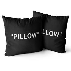 two pillows with the words pillow low printed on them, one black and one white