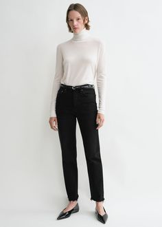 TOTEME jeans cut to a classic straight silhouette with slim thighs and cropped legs finished with raw edges for texture. They're made in Italy from rigid organic-cotton denim that will mold to fit you perfectly over time and feature a mid-to-high waistline fastening with a concealed button fly. Wear them everyday with flats or kitten heels. Classic Black Cropped Jeans, Classic Straight Cropped Jeans With Belt Loops, Classic Black Cropped Jeans With Straight Hem, Classic Cropped Jeans With Belt Loops And Straight Hem, Fitted Cropped Jeans With Tapered Leg In Rigid Denim, Fitted Tapered Leg Rigid Denim Cropped Jeans, Chic Straight Silhouette Jeans With Five Pockets, Slim Fit Jeans With Belt Loops For Fall, Chic Straight Silhouette Jeans