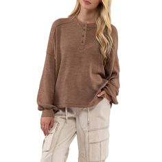 Introducing our effortlessly comfortable August Sky Women's Relaxed Rib Knit Henley Top, a must-have addition to your casual wardrobe. This top features a round neckline with functional buttons at the front, allowing for versatile styling options. With its long sleeves and dropped shoulders, it offers a relaxed and laid-back fit. The raw edge hemline adds a touch of rustic charm, while the rib knit fabric provides both softness and stretch. Designed for comfort and ease, this henley top effortle Nude Outfits, Rib Knit Fabric, Better Style, Henley Top, Chic Outfit, Raw Edge, Casual Wardrobe, Rustic Charm, Round Neckline