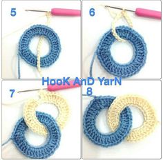 four pictures showing how to crochet the hoop and yarn