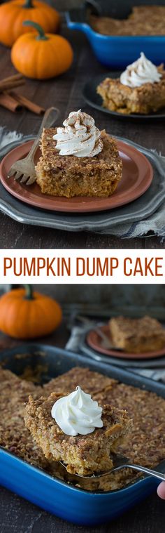 pumpkin dump cake with whipped cream on top and an image of the pie in the background