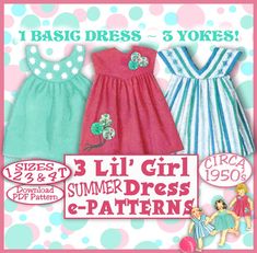 three girls'summer dress sewing patterns in 3 sizes and 2 styles, including one with flowers