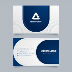 two sided business card with blue and white circles on the front, and bottom corner