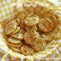 baked squash chips in a yellow and white checkered paper bowl with text overlay