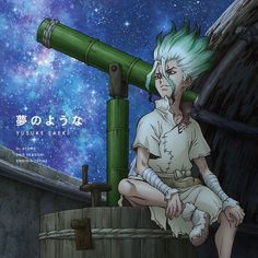 an anime character sitting on top of a barrel in front of a sky filled with stars