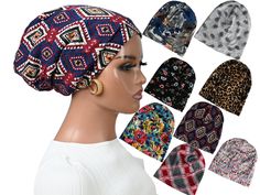 Protect your hair with our SATIN LINED Beanie Hats that has a stretchy elastic band, These Unisex Caps are perfect for Curly Hair, Long Braids, natural hair and all hair types. These Satin Lined Beanies is perfect for sleeping in as well as dressing up in them, they will protect your hair from drying out, from frizz as well as from breakage.  - It comes in 14 beautiful Printed  colors - It is made of stretch cotton  and lined with satin. - It has an elastic band that stretches to fit all head sizes. - This Cap is Large and very roomy to accommodate plenty of Hair. It measures 11-12 inches long unstretched  Care Machine wash with like colors on Delicate and dry on low heat, however I recommend hanging to dry to increase the durability of the elastic. Returns are not accepted on hair accesso Satin Lined Beanie, Braids Natural Hair, Braids Natural, Chemo Gifts, Long Braids, Slouchy Beanie, Hair Long, Skull Cap Beanie, Skull Cap