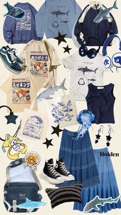 a collage of various items that include shoes, t - shirts and other things