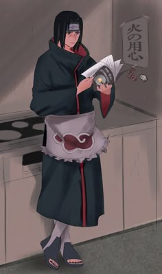 an anime character is reading a newspaper in the kitchen