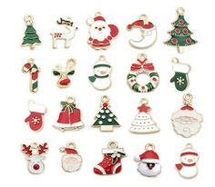 various christmas decorations and ornaments are shown on a white surface, including santa claus, snowman