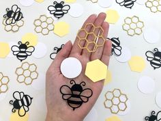 Add a splash of color and interest to your dessert table or gift table with this Honey Bee theme table confetti! Available in packs of 100; each set comes with a variety of 4 different bee-themed elements. In every 100 pack you get: 20 black bees 20 gold glitter honeycomb 30 yellow hexagons 30 white circles - MEASUREMENTS - Each confetti piece is about 1.5-1.75 inches. - ORDER PROCESSING - When ordering, please make sure to fill out the personalization section with the date of your party! I woul Honey Bee Party, Bee Birthday Theme, Bee Party Decorations, Honey Bee Theme, Different Bees, White Birthday Party, Birthday Table Decorations, Baby Shower Theme Decorations, Bee Party