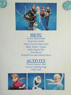 the menu for disney's frozen adventures