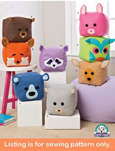 a group of stuffed animals sitting next to each other on top of stools with the words listing is for sewing pattern only