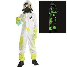 a person in a green and white costume with gas mask on, next to a black background