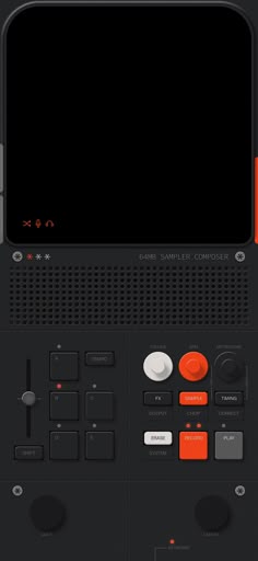 an orange and black control panel with buttons on the front, and two red buttons on the back