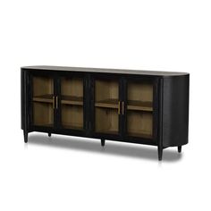 the sideboard is made from wood and has two doors, one with glass shelves