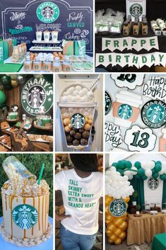 starbucks themed birthday party with green and gold decorations