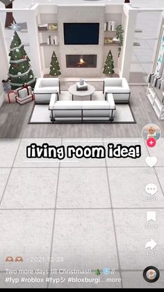 the living room is decorated in white and has christmas decorations on the walls, as well as