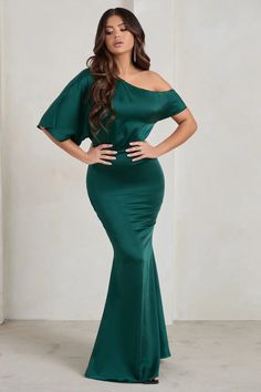 Sabrina Bottle Green Asymmetric Off The Shoulder Satin Maxi Dress – Club L London - USA Bottle Green Dress, Skirt Making, Velvet Prom Dress, Club L London, Black Dress Prom, Asymmetric Neckline, Party Dress Long Sleeve, Skirt Maxi, Bridesmaid Outfit