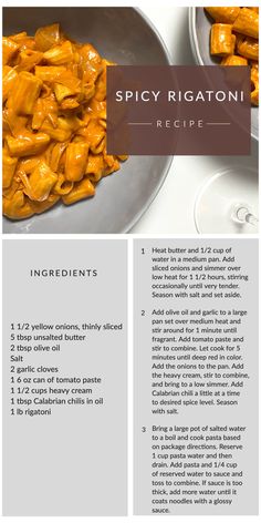 the recipe for spicy rigatoni is shown in this brochure, with instructions