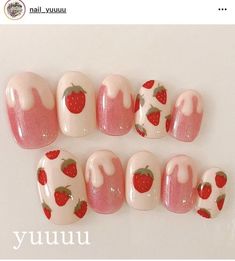 Kawaii Summer Nails, Nail Art Cute Kawaii, Short Kawaii Nails, Strawberry Manicure, Nail Art Strawberry, Strawberry Nails Designs, Strawberry Nail